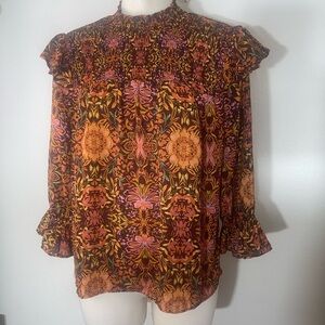 Est 1946 Boho Peasant Floral Blouse Puff Sleeve Ruffle Earth Tones Women’s Small